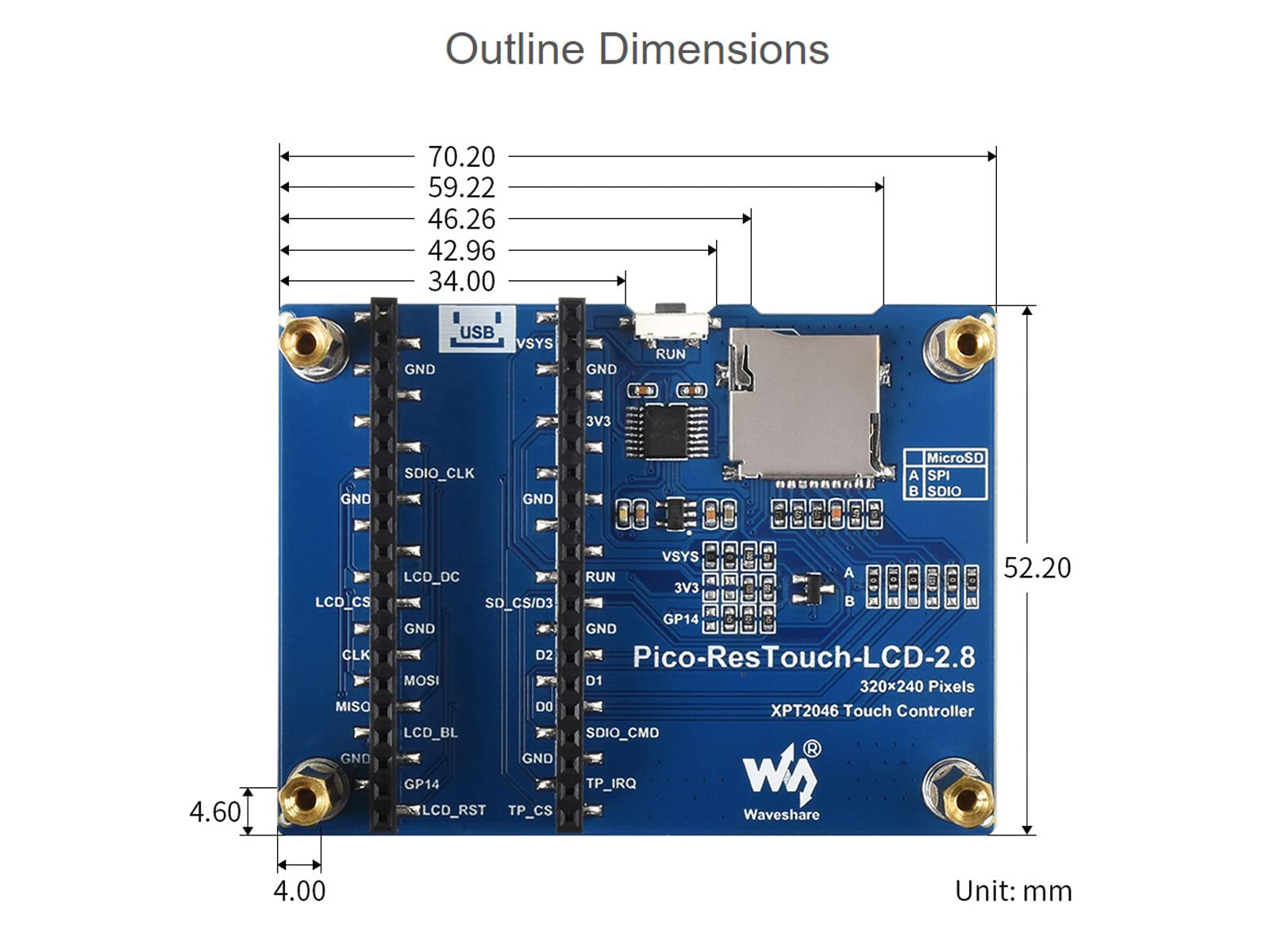 Waveshare Modulo Display Touch da 2,8 pollici per Raspberry Pi Pico 262K Colori 320 × 240 Pixel Controller Touch Resistivo XPT2046 ST7789 Driver Utilizzando SPI Bus..