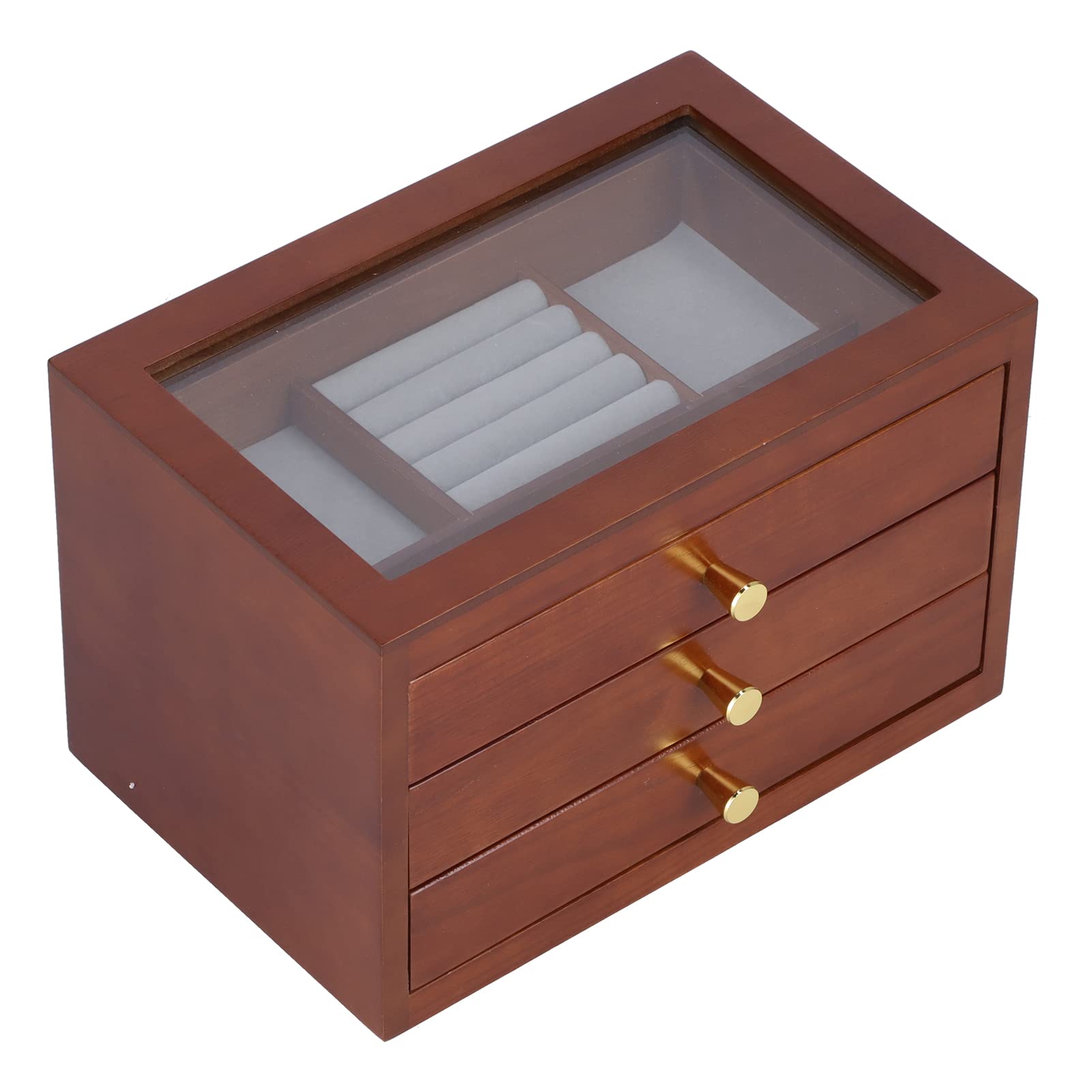Pudełko na biżuterię Drewniane Pudełko na biżuterię ze szklaną pokrywką 3-warstwowy Organizer 30 X 20 X 19 Cm 3 Szuflady Pierścionki Bransoletki Naszyjniki Komodzie Vanity Store Display