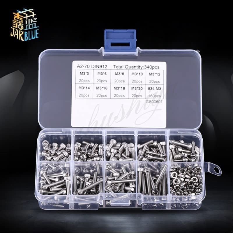 340pcs/set Din912 M2 M2.5 M3 Stainless Steel SS304 Allen Bolt Hex Socket Cap Head Screws Nuts Assortment Kit - (Size: M3 Mix 340PCS)