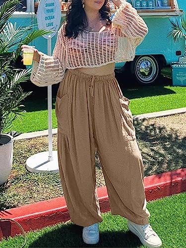 ZOCAVIA Women's Linen Wide Leg Pants Casual Loose Lightweigt Beach Palazzo Harem Pants Summer Trousers with Pockets3