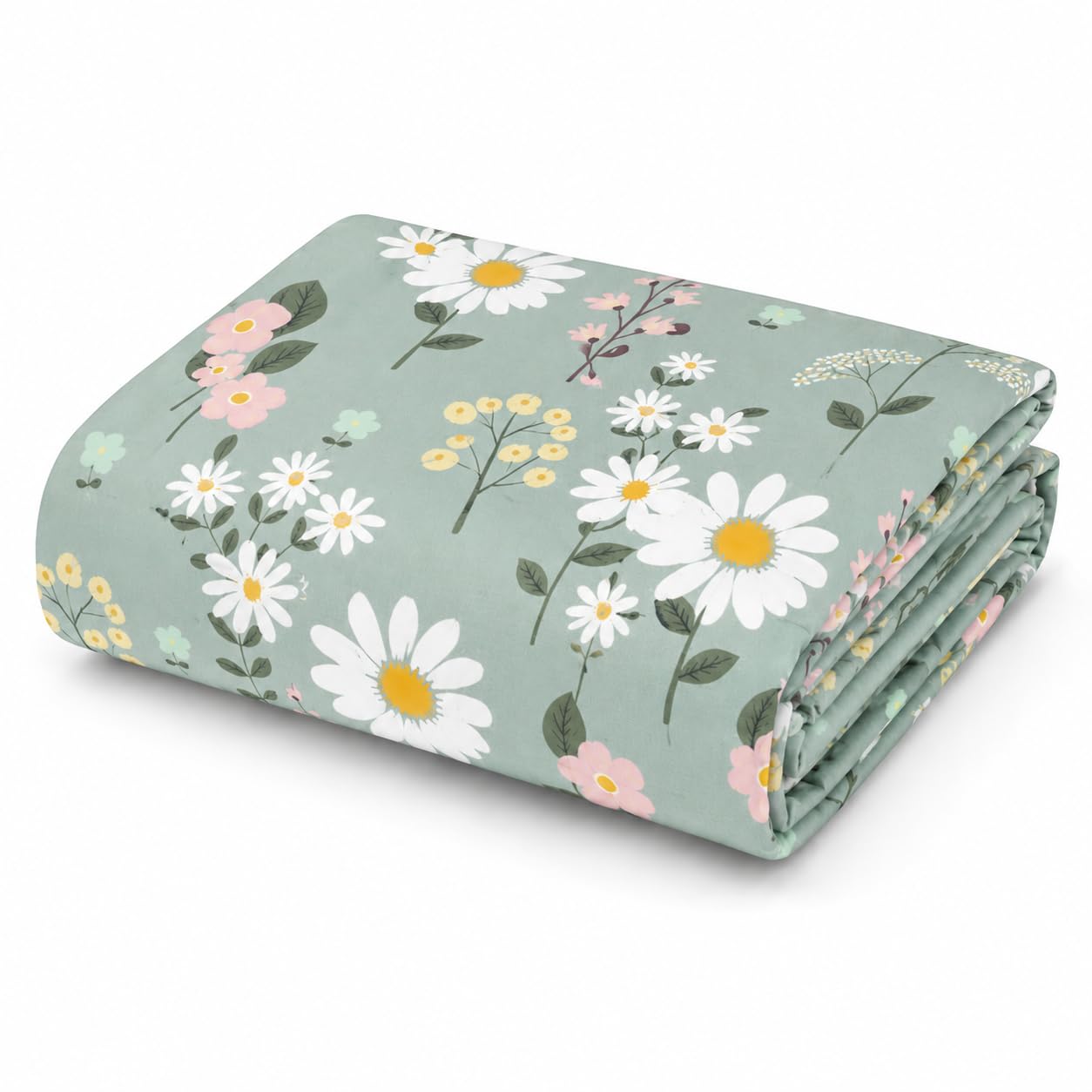 Single Soft Cotton Dohar for Bed | 3 Layer Reversible Lightweight Floral Dohar | Breathable All Season AC Blanket | Soft Comfort Summer Quilt | Mint Green Daisy Floral (Sage Green Floral)-image-16