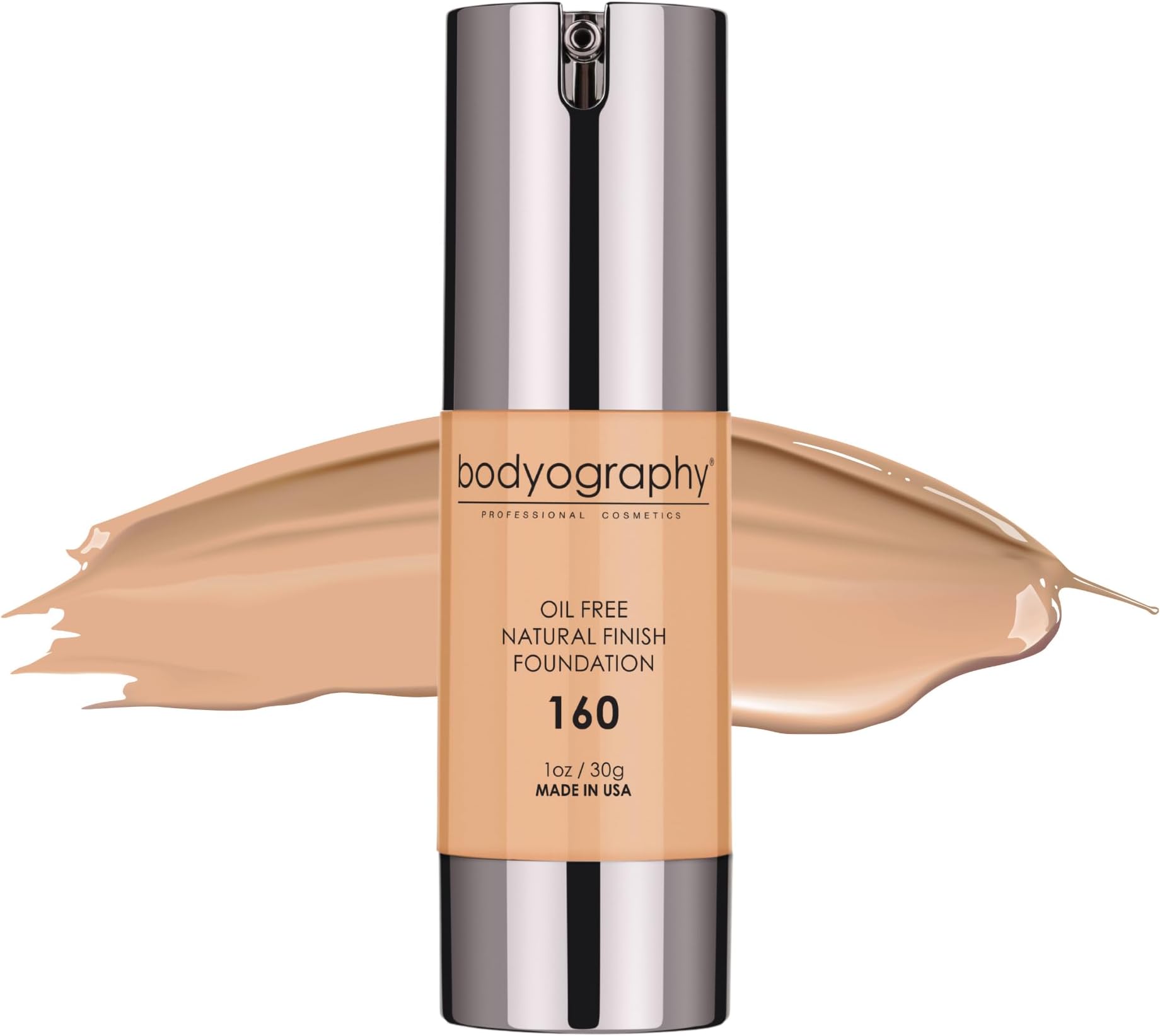 Bodyography Natural Finish Foundation Makeup (Medium #160) Oil-Free Anti-Aging Salon Natural Finish with Vitamin E, C, Antioxidants| Photo Control Technology | Vegan, Gluten-Free, Paraben-Free, 1 oz