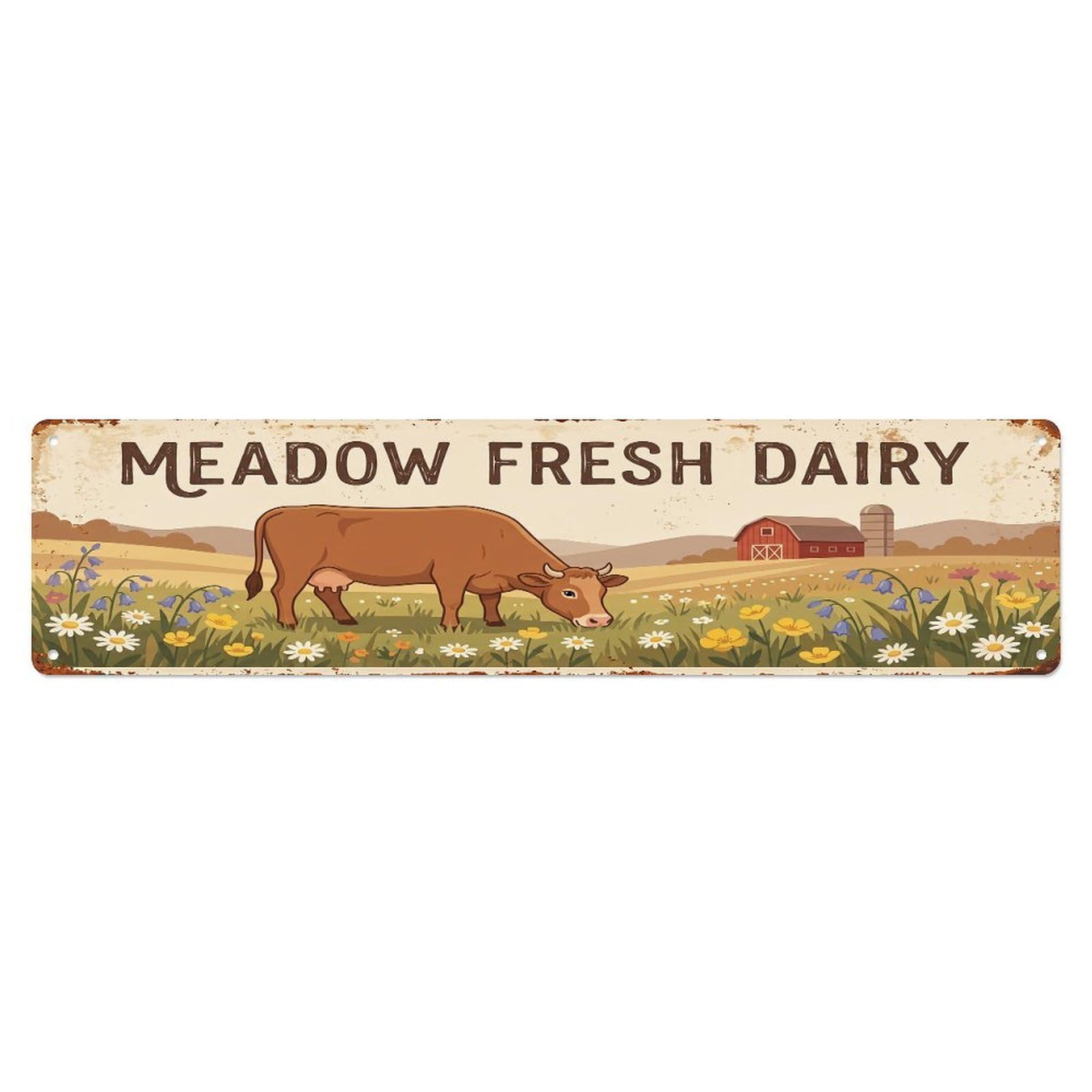 Vintage Cow Farm Scene Meadow Fresh Dairy Metal Tin Sign