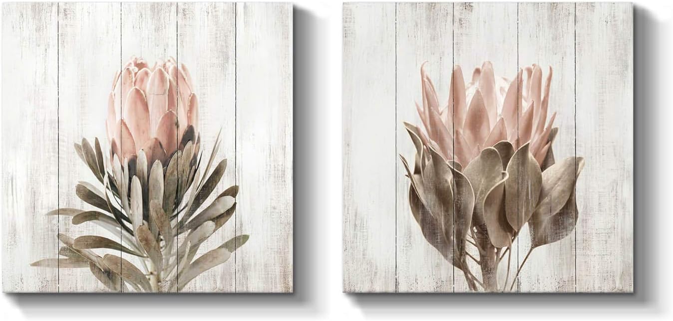 Floral Canvas Picture Wall Art: Protea Flower Artwork Painting on Canvas for Living Room (12" x 12" x 2 PCS, Multiple Sizes/Material)