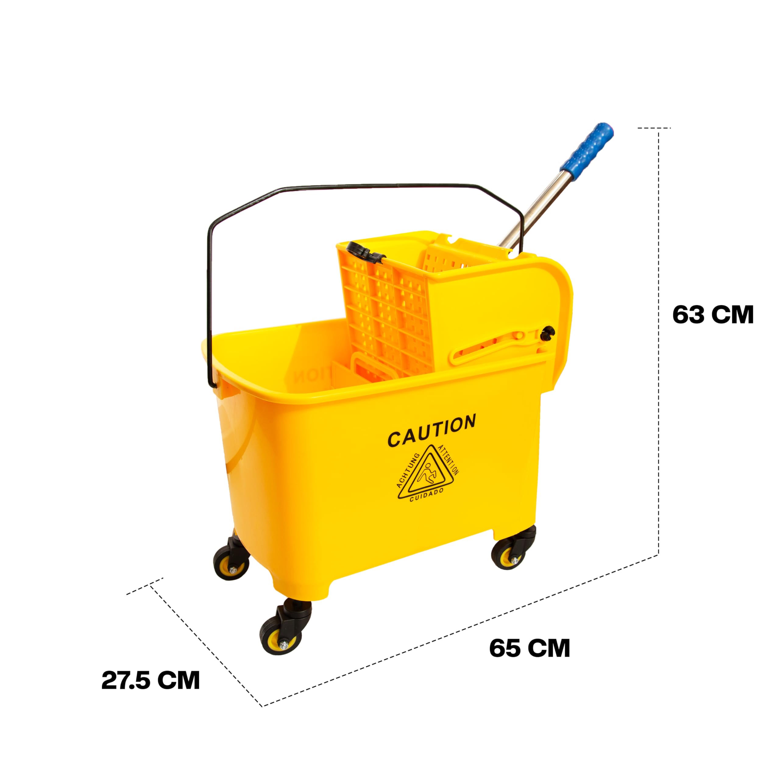 Berry Seau à franges Kentucky avec essoreuse | Seau à franges sur roulettes avec poignée | Chariot essoreuse jaune avec panneau d'avertissement pour sol humide pour le nettoyage dans les restaurants