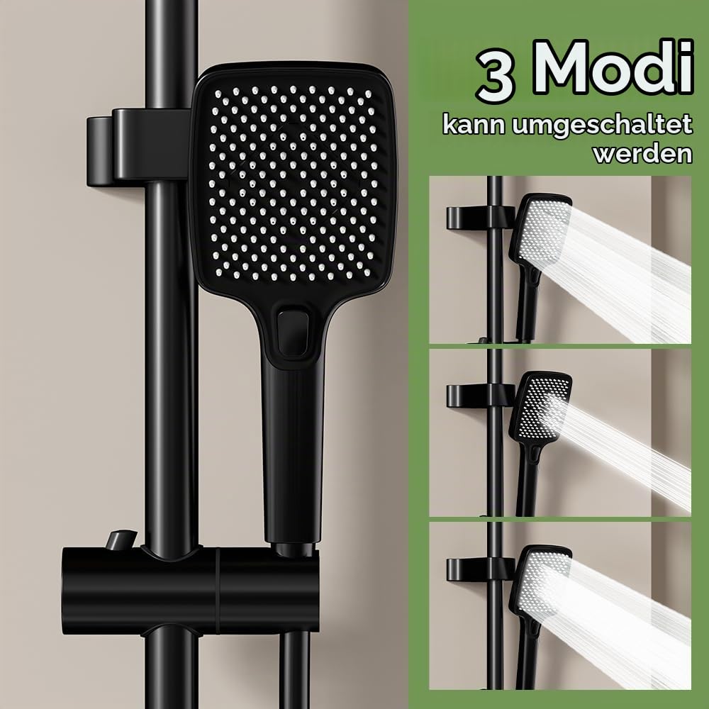 Duschkopf mit LED-Temperaturdisplay, 4 Strahlarten - kalkabweisend, hoher Druck, Messingmassiv und integriertes Ablagefach (black)