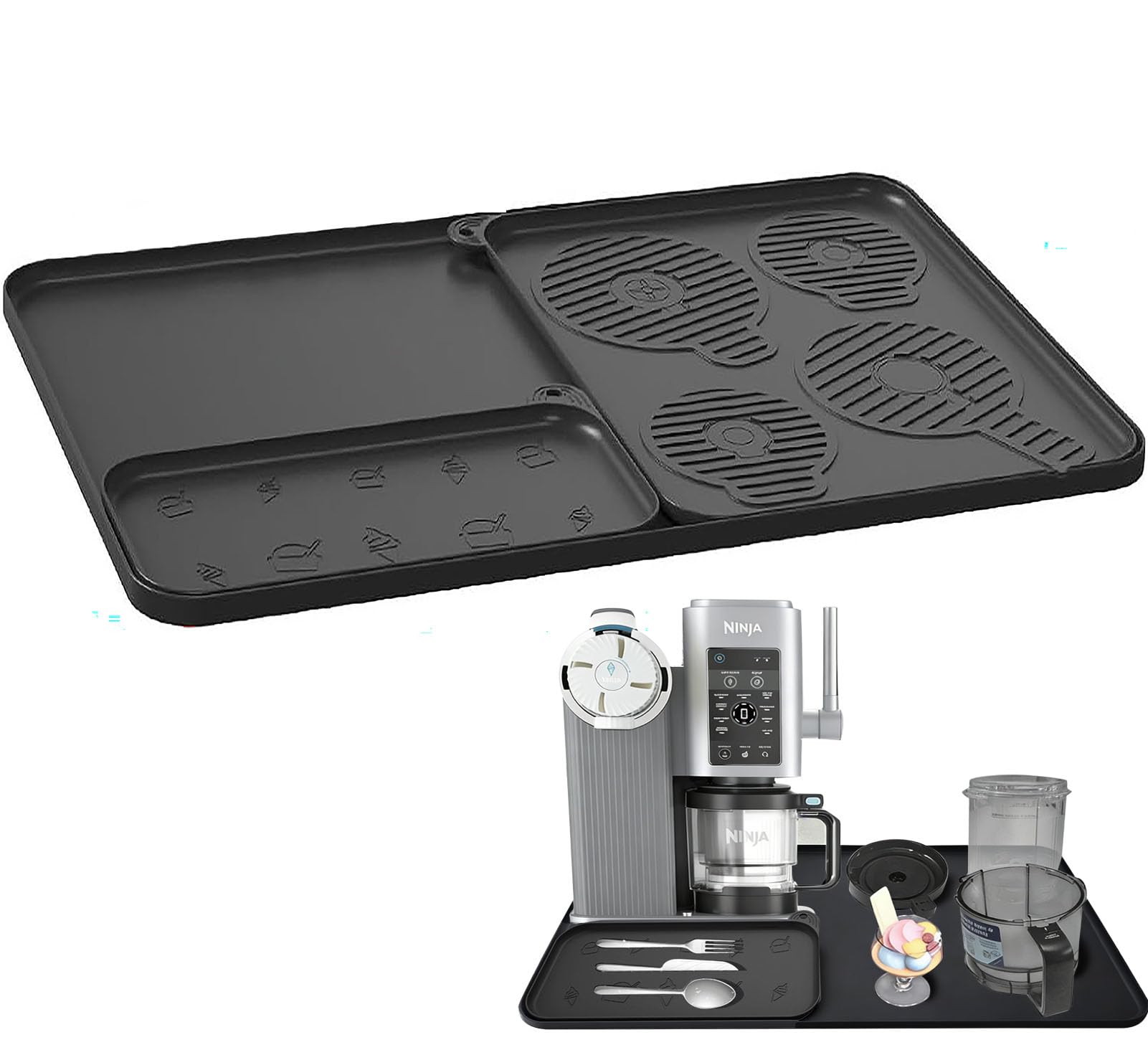 Gleitunterlage für Ninja Creami Eismaschine NC700/500/300 Arbeitsplattenmatte, 3 Stück Silikonmatte Set für Ninja Creami Zubehör mit Ablaufrinne, Verdicktes Design zur Reduzierung von Vibrationsgeräus