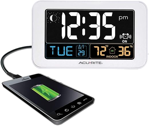 Acu Rite Intelli Time Digital Alarm Clock for Bedroom with USB Charger, Indoor Temperature and