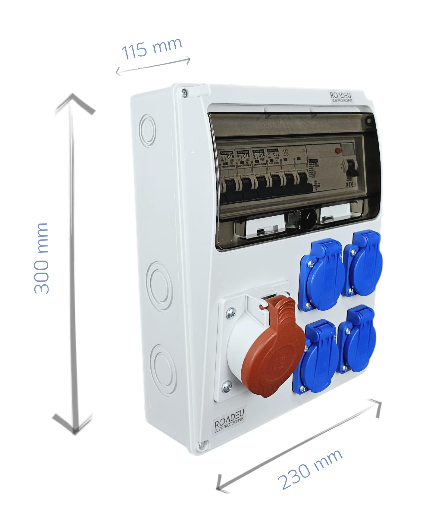 RoadEu- Quadro Elettrico di Distribuzione Industriale, presa CEE 32A con 4 prese Schuko da 230 V. Distributore di presa con interruttore di corrente residuale e interruttore automatico