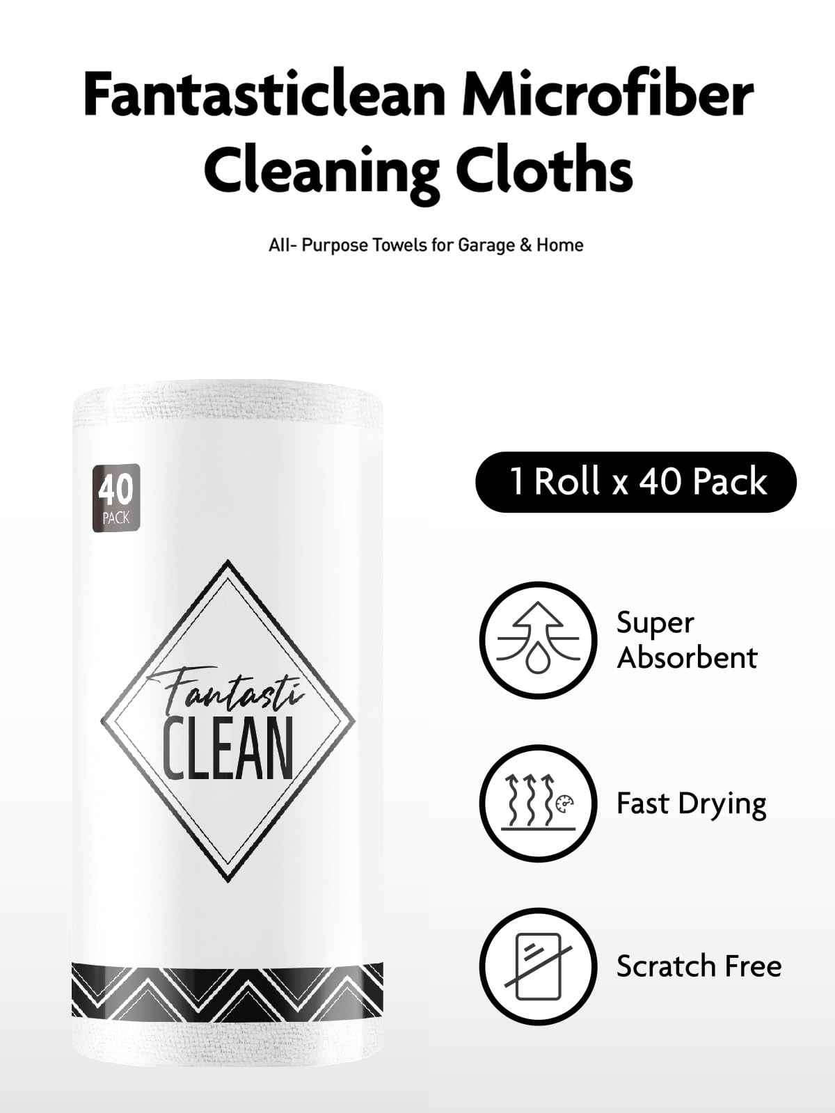 Fantasticlean Paños de Limpieza 40 Unidades, Rollo de Paño de Microfibra Rasgable, Trapos Reutilizables y Sin Pelusas 30 x 30 cm - Blanco — view 6