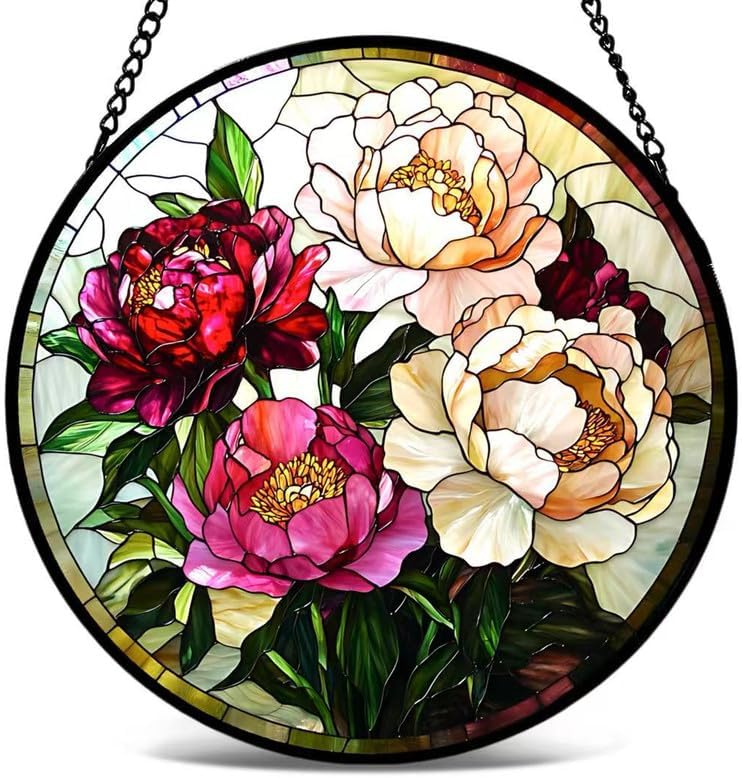Multicolor Peony Stained Glass Suncatcher Window Hanging Floral Glass Panel Elegant Flower Window Decor Home Gift