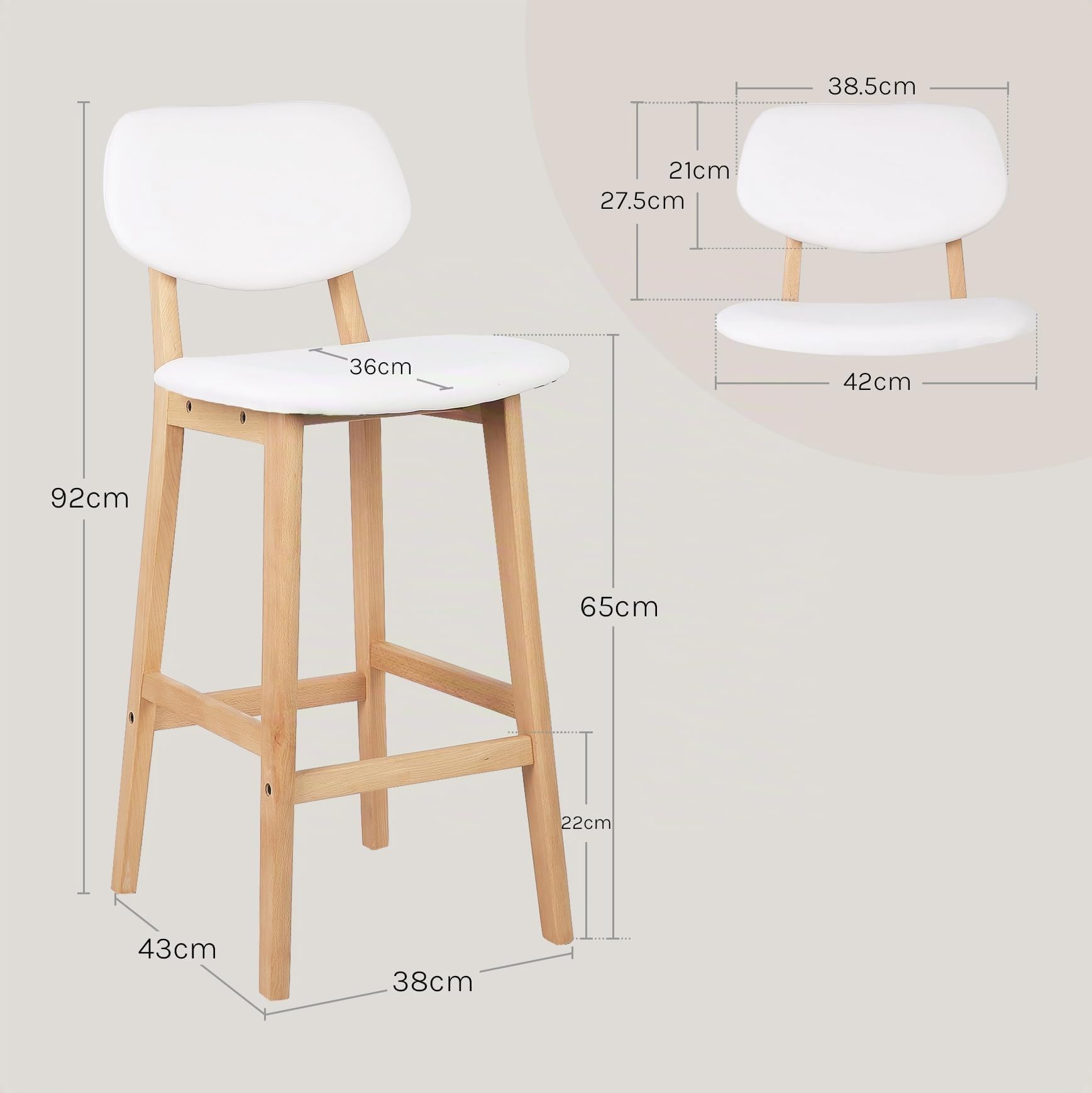 WOLTU Sgabelli bar Set di 2, Sedia Alta Cucina con Schienale e Poggiapiedi, Sgabello per Isola Cucina, Sala da Pranzo, Bistrot, Pelle Sintetica+Legno Massello, Bianco