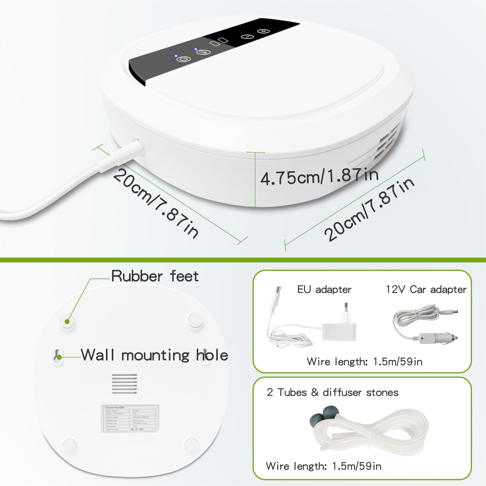 Generatore di Ozono per acqua e aria, Purificatore d'aria a ioni negativi Ozonizzatore, Purificatore ozono pulisci frutta verdura e carne, rimuovi l'odore per casa e auto con 12V adattatore - 600 mg/h