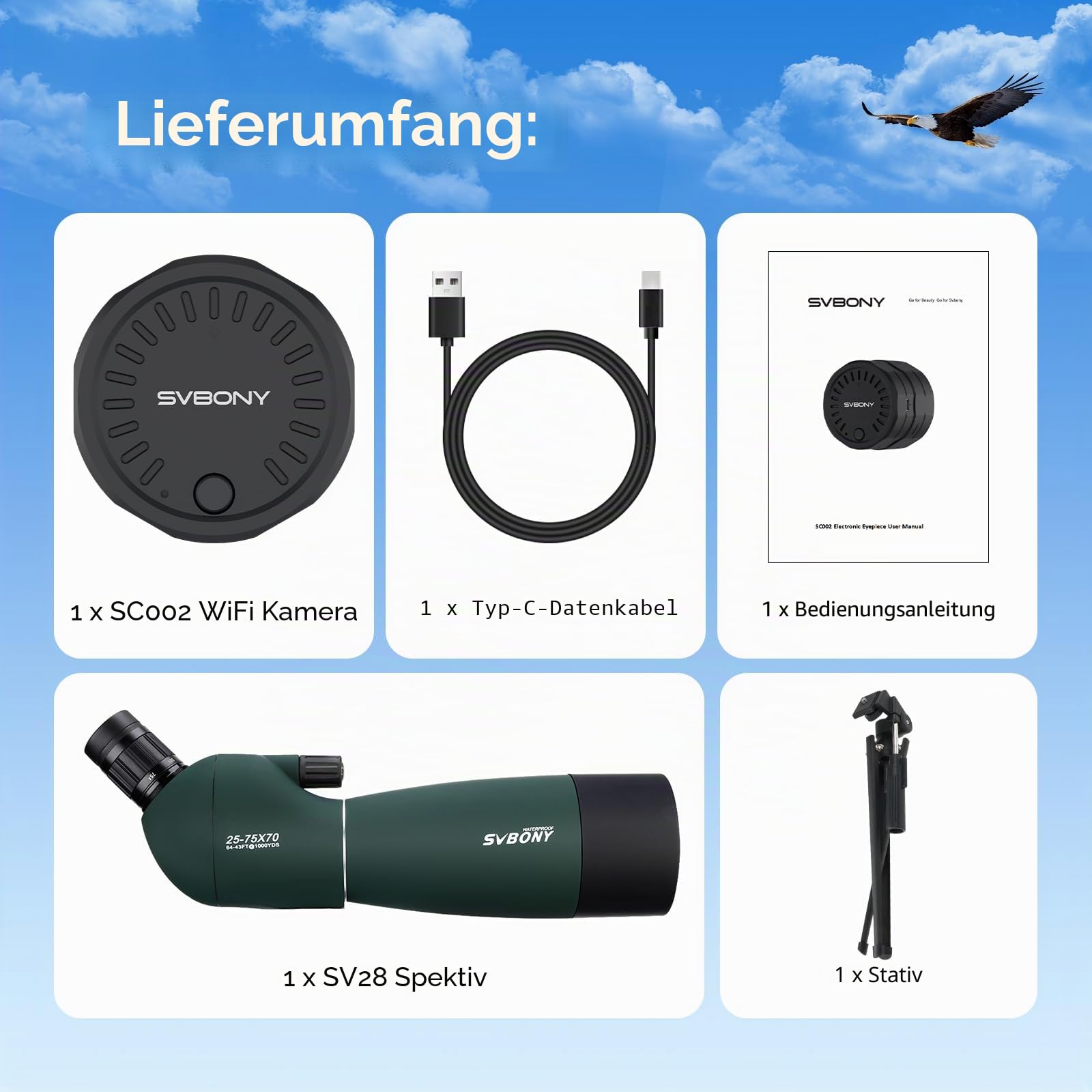 Svbony SV28 25-75x70 Spektiv mit SC002 WiFi Spektiv Kamera, Stativ, HD BAK4 Prisma FMC Handy Adapter Wasserdicht Tragetasche, Spektive für Sportschützen Vogelbeobachtung Natur-Fotografie