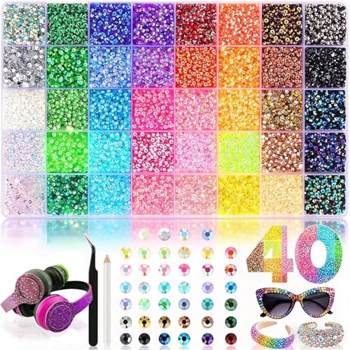 Glitzersteine Bedazzler Kit 40 Farben 3mm Flachrücken-Strasssteine in Regenbogenfarben für DIY Basteln Nagelkunst & Kleidung Textilien und Diamond inkl. Pinzette