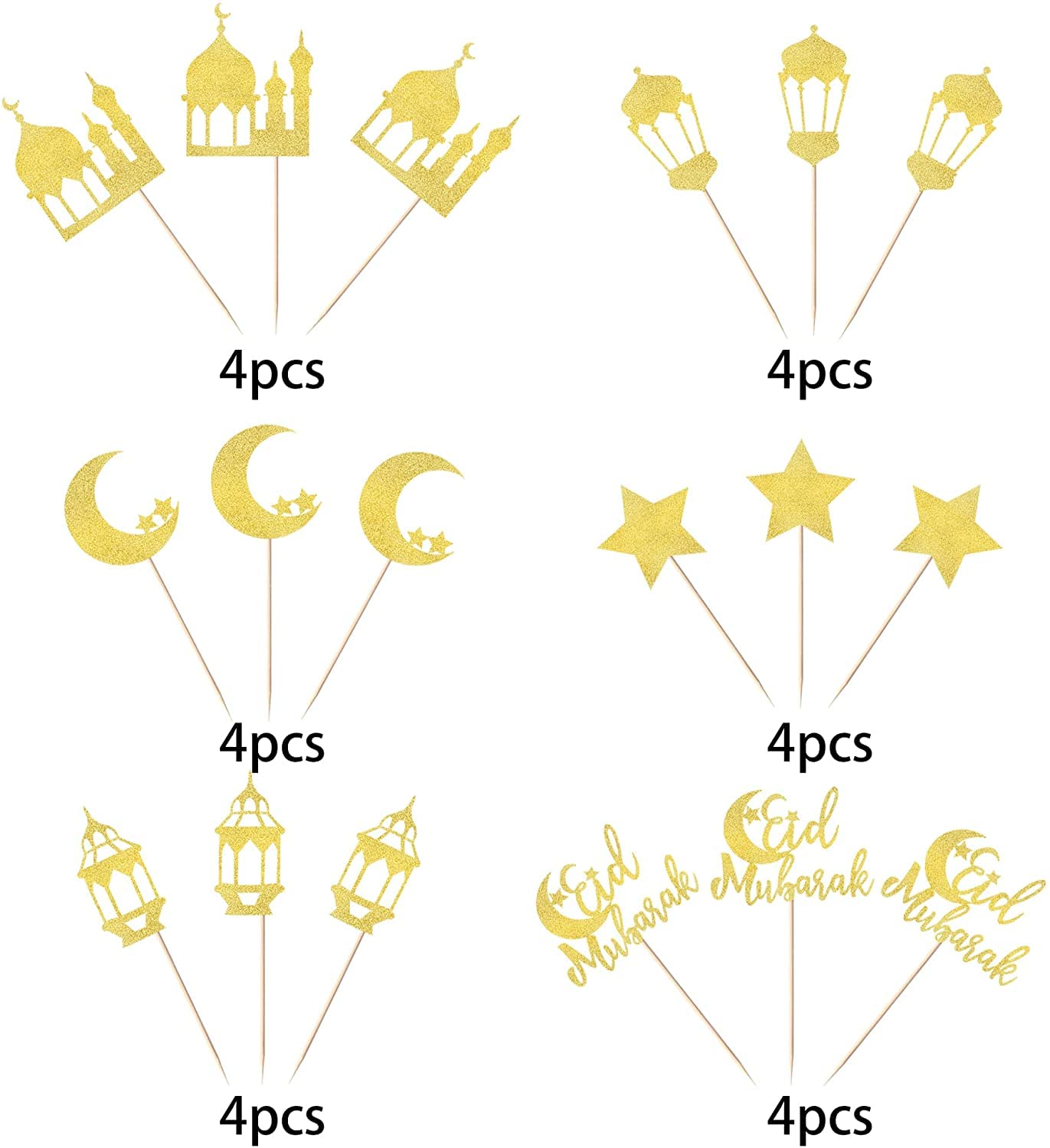 SYKYCTCY 24 Pack Eid Mubarak Cupcake Toppers Glitter Star Ramadan Kareem Cupcake Pick Moon Star Eid Islamic Muslim Theme Party Cake Decoration Supplies Gold - Image 3