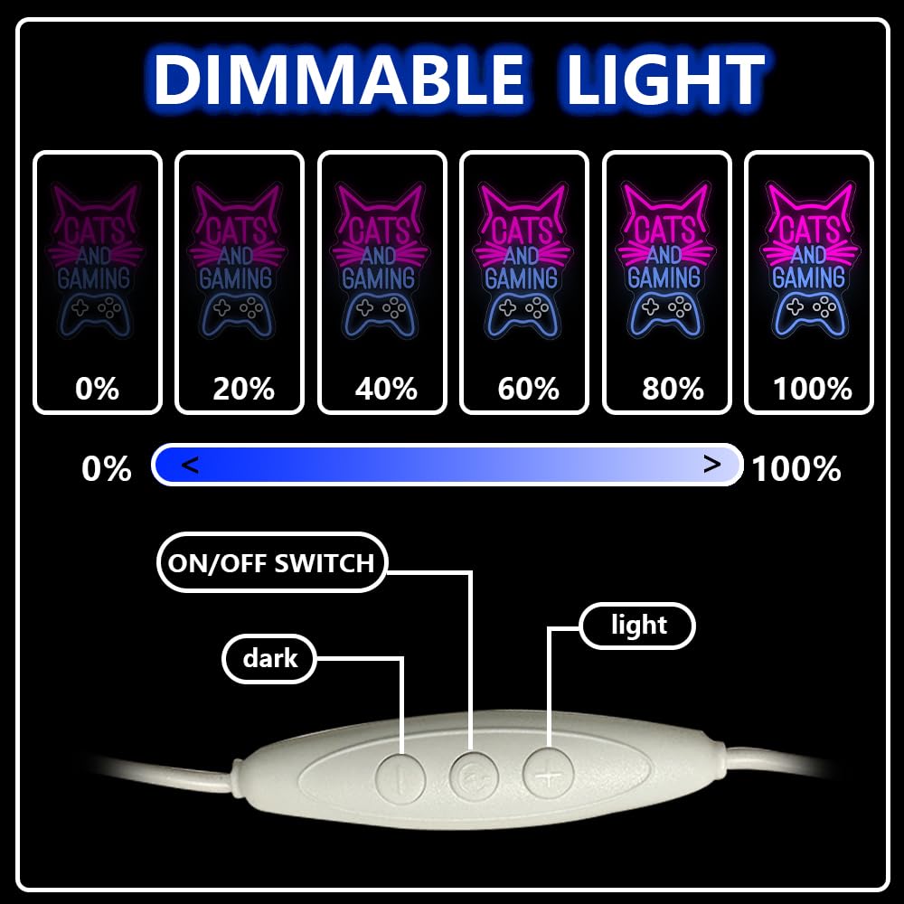 Cats and Gaming Panneau Néon, Panneaux de Lumière Néon Gaming Cat pour la Décoration Murale de la Salle de Jeux, de la Chambre à Coucher Cadeau d'Anniversaire pour les Enfants, Garçons et Filles