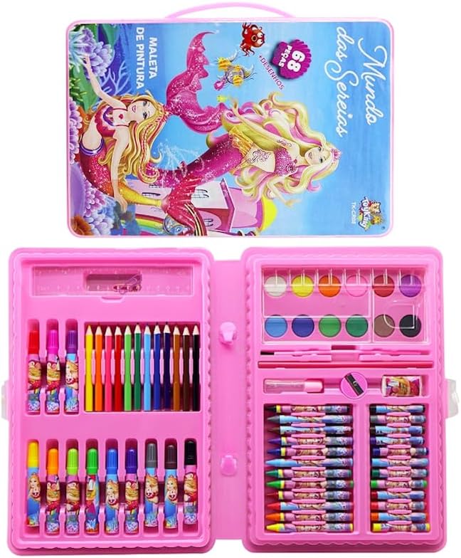 Estojo Colorir Sereia Canetinhas Lápis Giz Acessórios 68 Peças Ma...