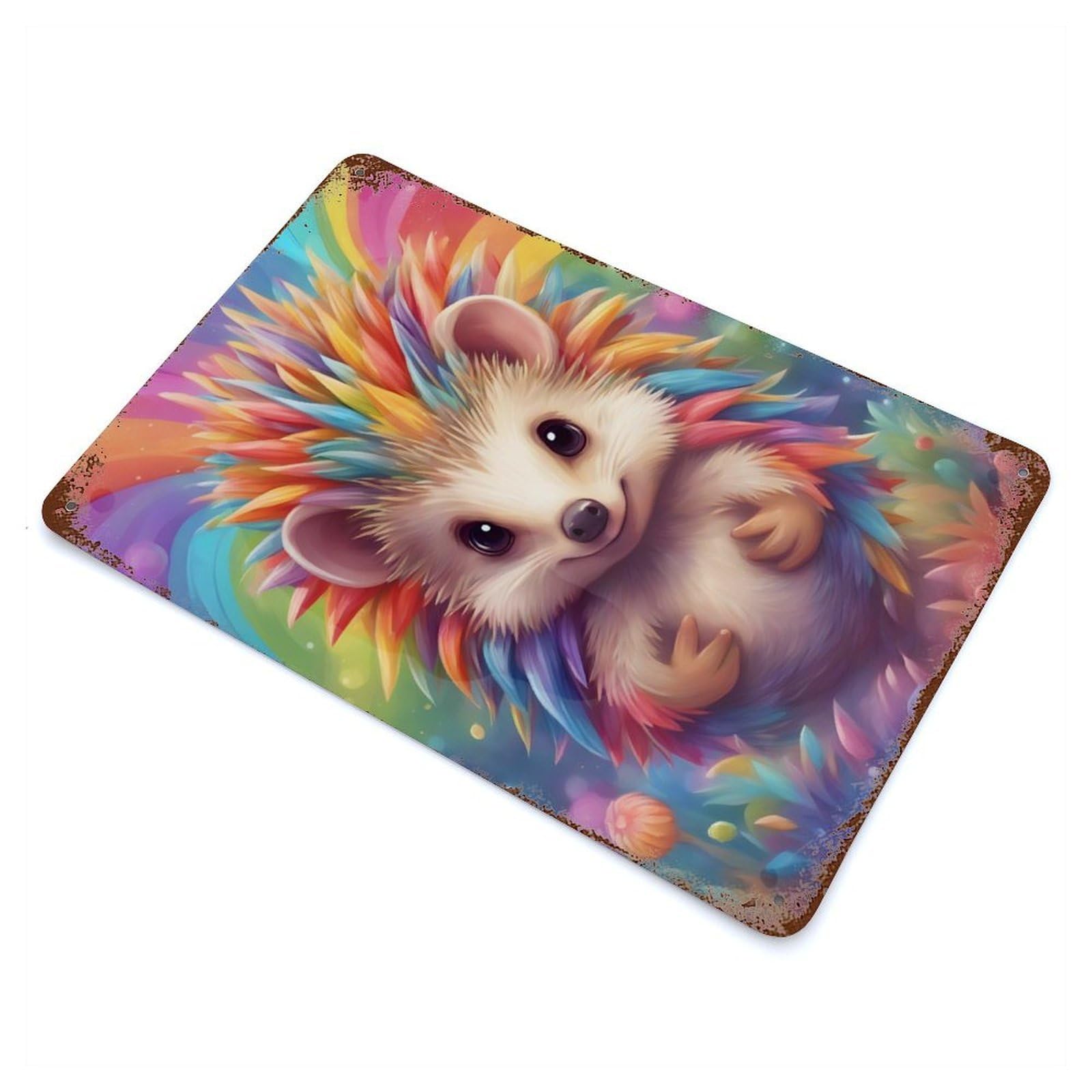 Colorful Cute Hedgehog Distressed Metal Wall Sign 11.8"x7.9", Rustic Home Decor for Farmhouse, Kitchen And Entryway Decor