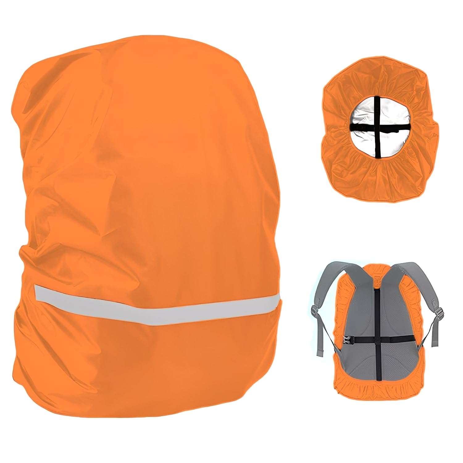 Regenschutz für Rucksäcke mit Reflexstreifen (8-70L), Wasserdichter Rucksack-Regenschutz, Schultasche mit Rutschfester Kreuz Schnallenriemen für Wandern, Camping, Radfahren, Orange M (26-40L)