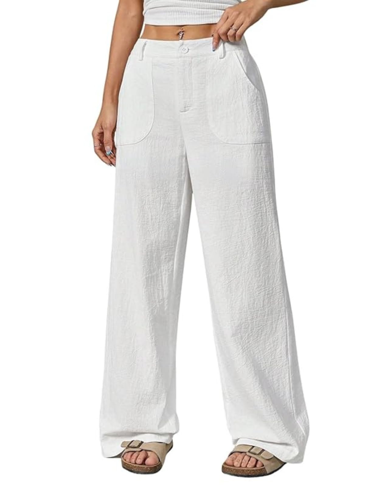 Beige Wide Leg Linen Trousers for Women | High Waist Cotton Baggy Korean Style Casual Pants | Comfortable Formal & Casual Women Trousers-image-24