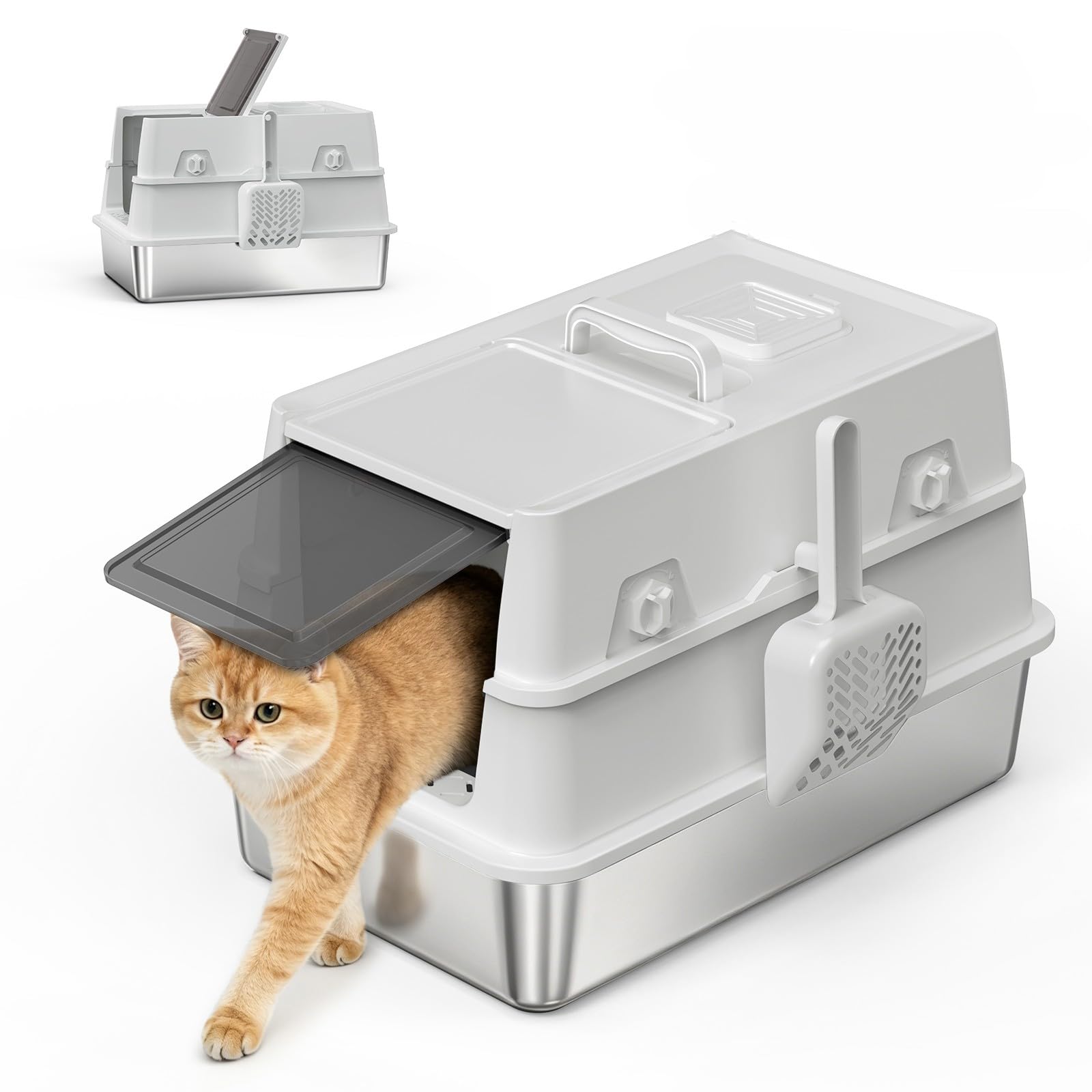 Photo 1 of Stainless Steel Litter Box with Lid, Heavy Duty Extra Large Enclosed Metal Cat Litter Pan, Built-in Carry Handle & 120° Flip-Top for Easy Clean, Leak-Proof with Cat Scoop Holder & Odor Control, Gray