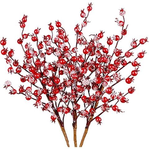 winemana 3 Pack 17 in Large Red Berry Picks, Artificial Christmas Berries Stems with Ice Snow Long Pomegranate Berry for Crafts Garland Home Party Christmas Decoration Cover