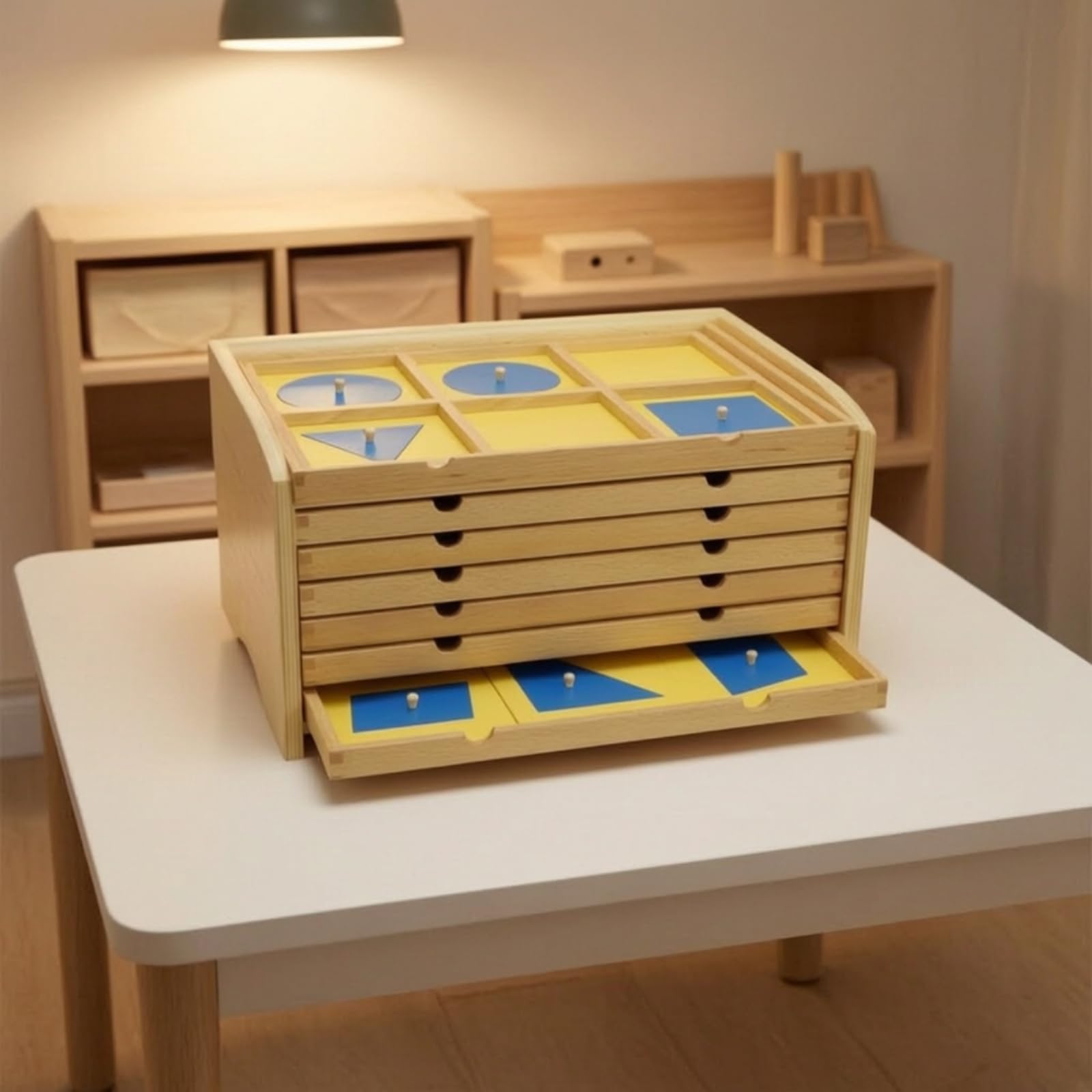 Geometrico Cassettiera Didattica Armadietto Educativo Mobile Educativo in Legno con Pannelli Gialli E Forme Rimovibili Adatto per Bambini Scuola Homeschooling Aula