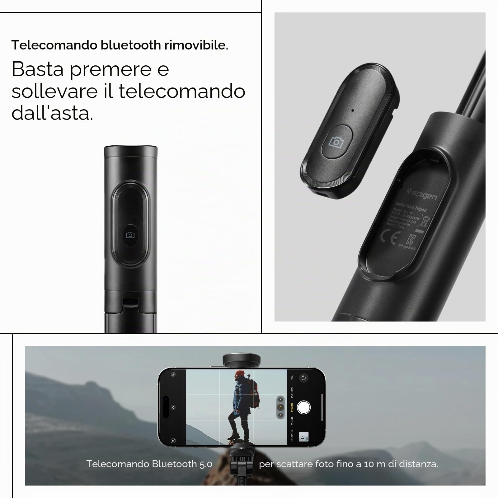 Spigen Automatica Treppiede Bastone Selfie, WonderSnap S541W, Selfie Stick Bluetooth 5.0 con Telecomando, Treppiede Smartphone per iPhone, Galaxy, Pixel, Xiaomi, OnePlus etc - Nero