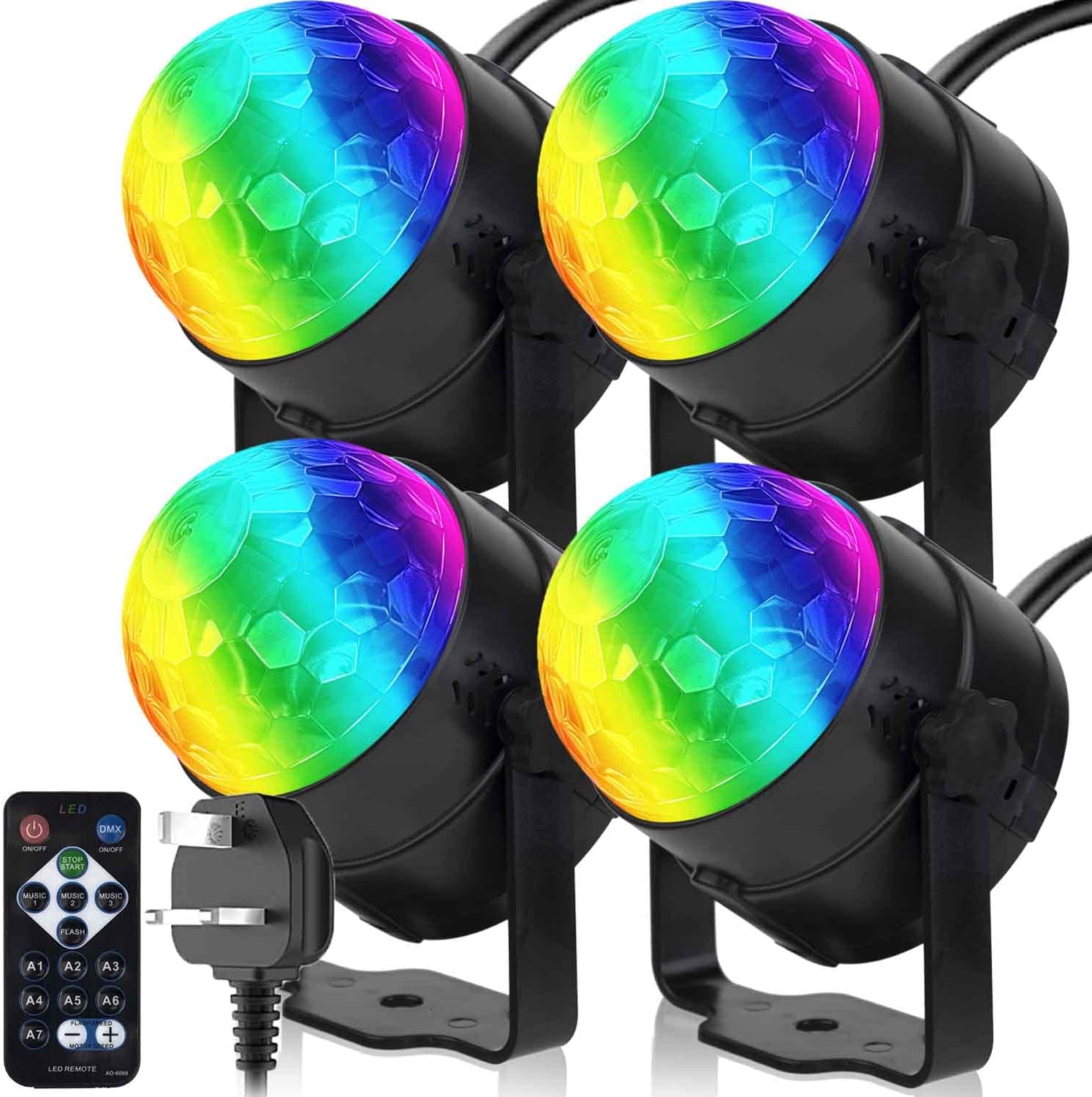 Pack of 4,Remote Control Sound Activated Party Lights Indoor, UK Plug