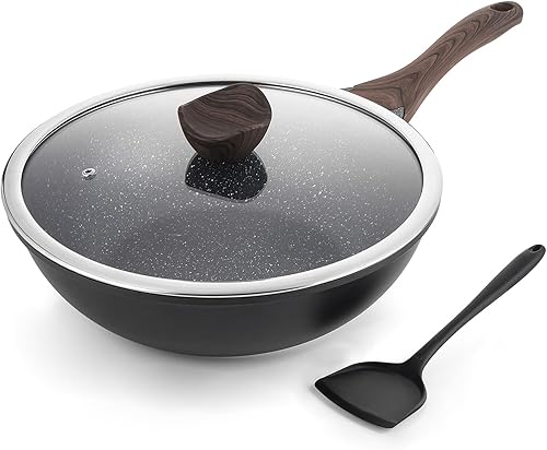 Kordisen Wok antiadherente con tapa, woks y sartenes de 12 pulgadas, revestimiento de piedra de granito para cocinar, utensilios de cocina de