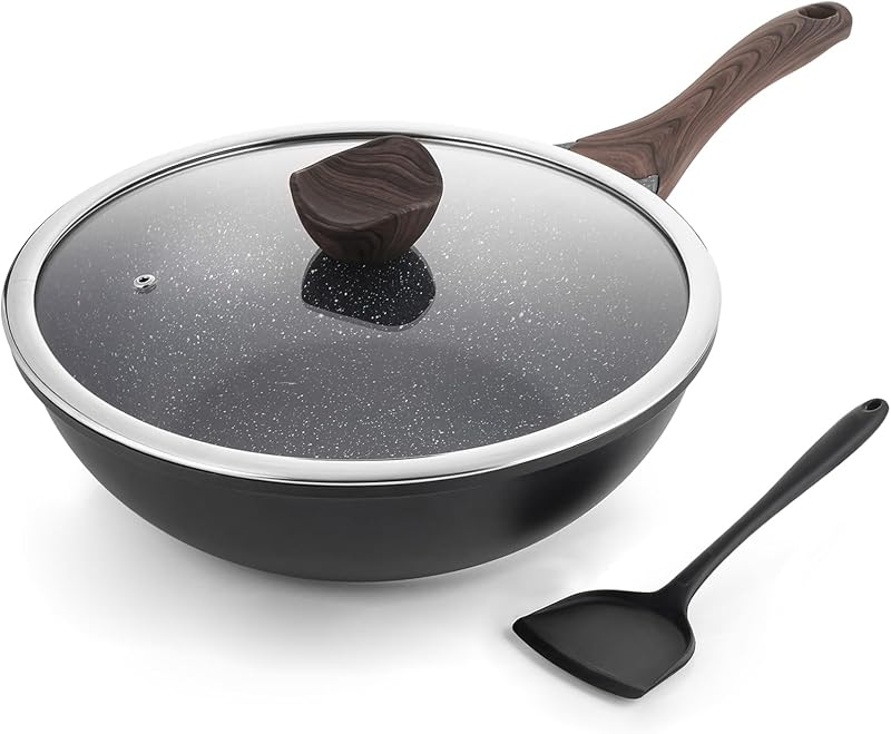 Nonstick Wok with Lid, 12 Inch Woks & Stir-fry Pans, Granite Stone Coating for Cooking, Induction Cookware, Compatible with All Stovetops, PFOA Free | 100% PFOA-free granite nonstick interior 3.7-inch-deep wok for 3-6 people rivet-free cleanup
