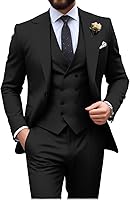 HUEZOE Men's Slim Fit 3-Piece Double Breasted Suit - Formal Tuxedo Blazer Vest Pants for Wedding Prom Groom