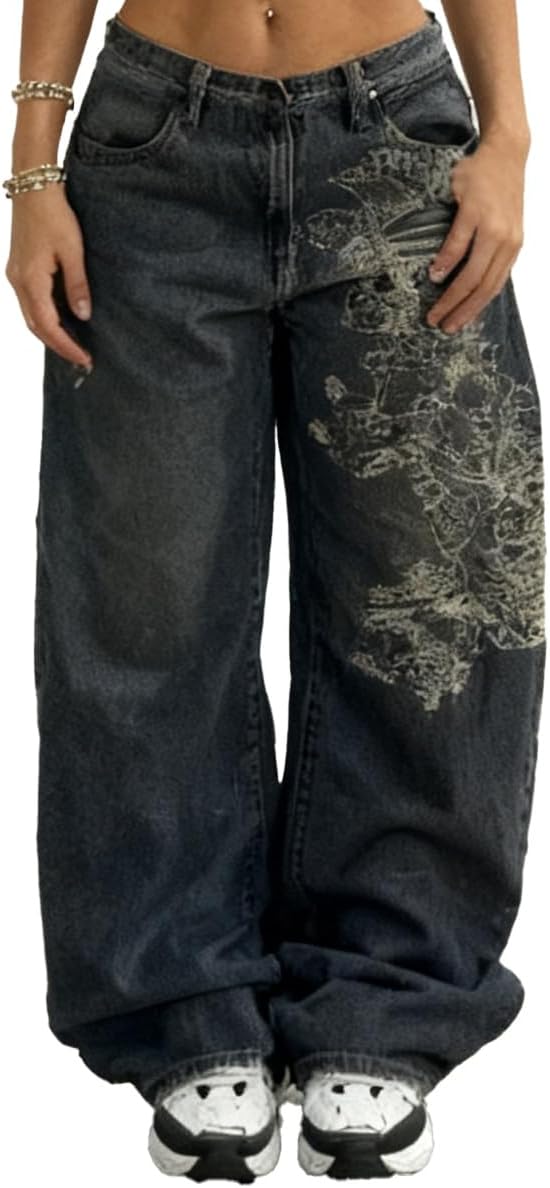 Unisex Y2K Hip Hop Street Jeans Skeleton Printed Gothic Baggy Jeans Vintage High Waist Denim Jeans Wide Leg Pants
