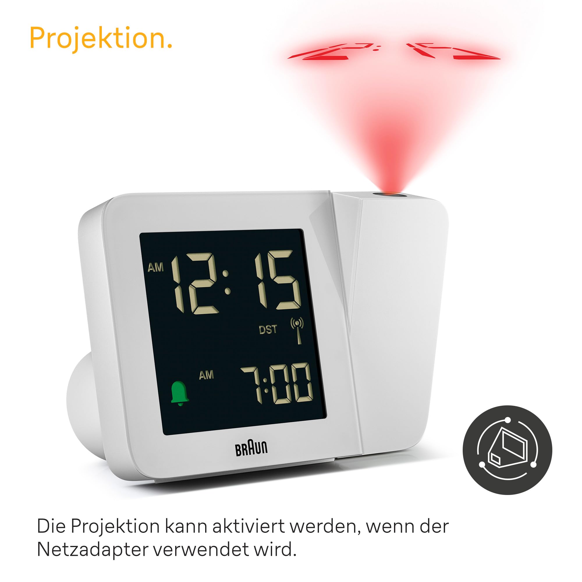Braun Digitaler Funk-Projektionswecker für die mitteleuropäische Zeitzone (DCF) mit negativem LCD-Display, Schnelleinstellung und Alarm-Piepton in Weiß, BC15W-DCF.