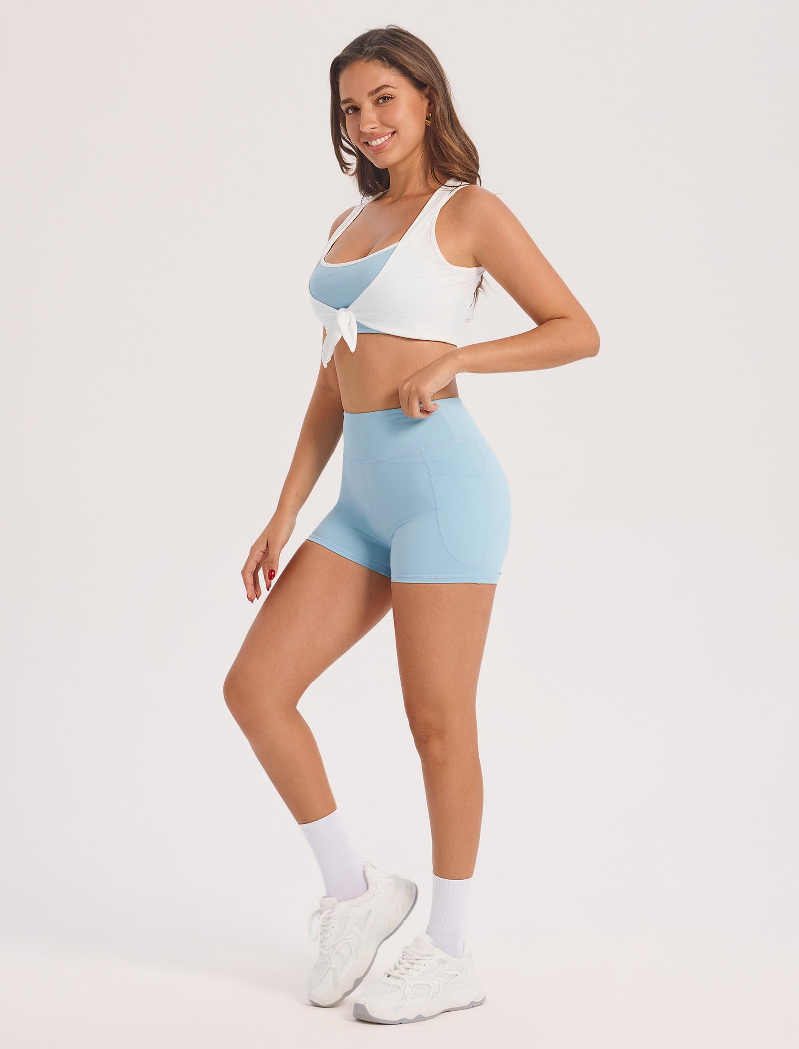 IDOPIP Conjunto deportivo de 3 piezas para mujer con sujetador deportivo, pantalones cortos con bolsillos, chándal para fitness, yoga, pilates, entrenamiento