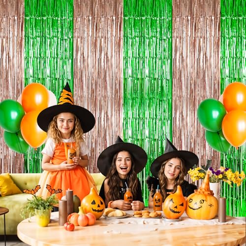 Image of Adorely Foil Fringe Curtains 2 Pcs 3.3x6.6 ft Birthday Party Decorations, Rose Gold Green Foil Fringe Curtains Metallic Streamer, Witch Tinsel Photo Booth Props Backdrops for Witch Birthday Supplies