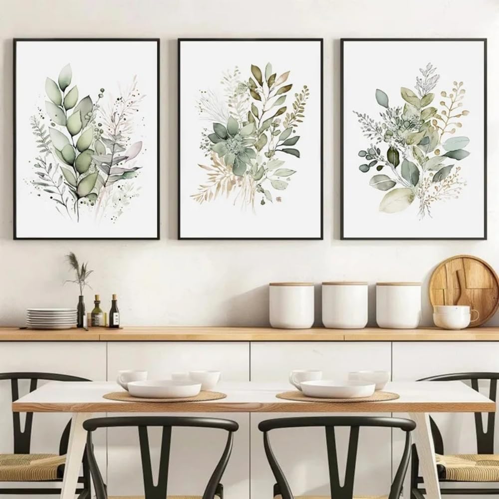 Hurcp Sage Green Beige Set Of 3 Canvas Poster Watercolor Botanical Wild Flowers Floral Bundle Modern Wall Art Painting Gift Bedroom Living Room Dorm Gallery Corridor Decor Picture Prints,A3 (30X42cm)