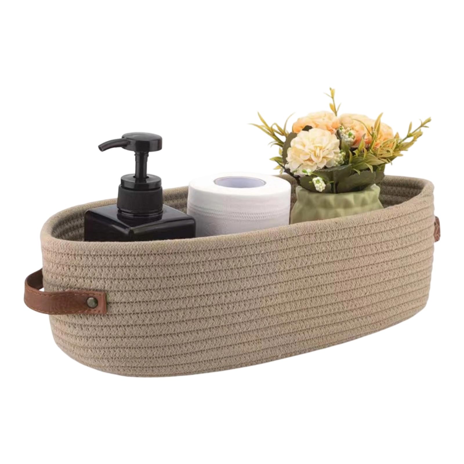 Natural Cotton Rope Oval Storage Basket Featuring Sturdy Leather Handles for Home Use Natural Cotton Rope Storage Bin