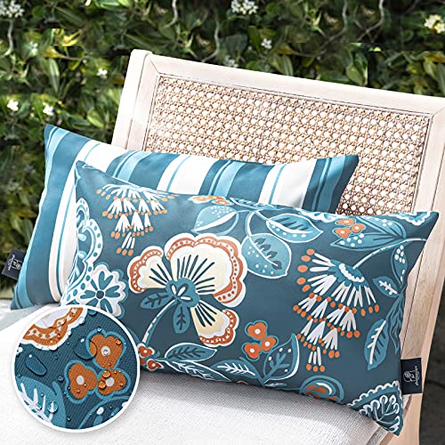 Phantoscope Pack of 2 Outdoor Indoor Throw Decorative Pillow Cover Floral Striped Waterproof Patio Pillows Cushion Case for Couch Tent Park Dark Blue 12 x 20 Inches