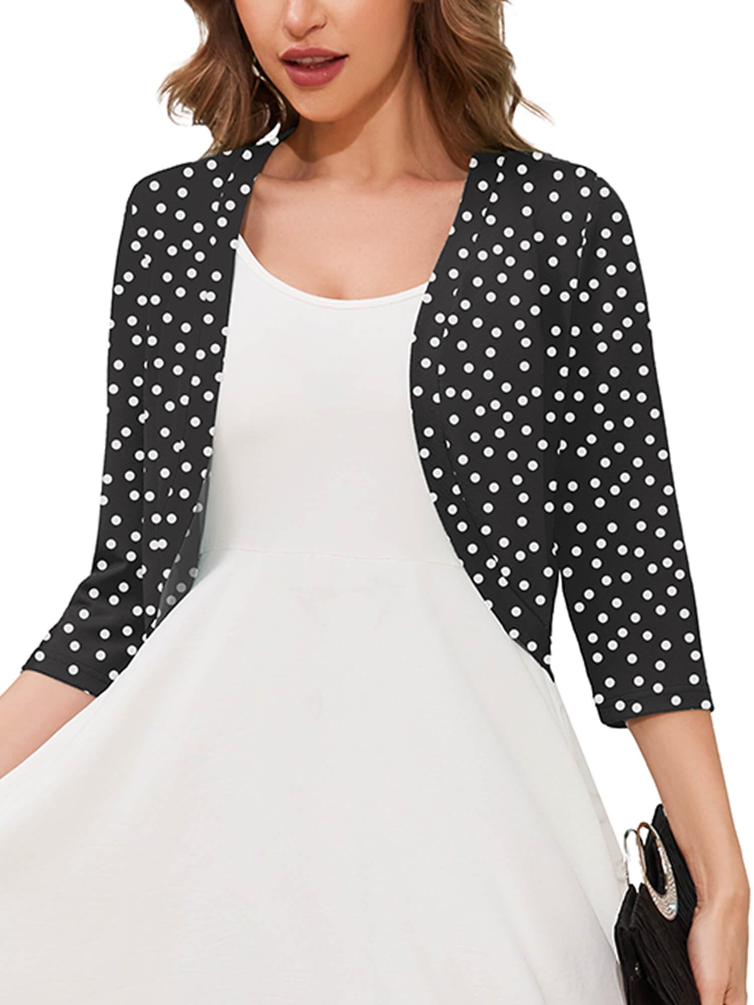3/4 Sleeve Open Front Lightweight Cropped Bolero Shrug Cardigan | Soft breathable knit, 3/4 sleeve cropped cut, open front layering, versatile cover up for dresses, women's casual fit