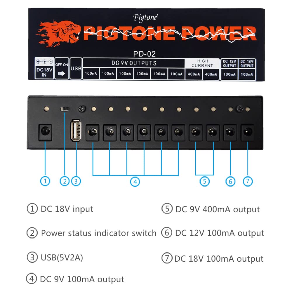 Fuente de alimentación de pedal de guitarra 10 salidas de CC aisladas para pedal de efecto 9V/12V/18V con puerto USB PD-02
