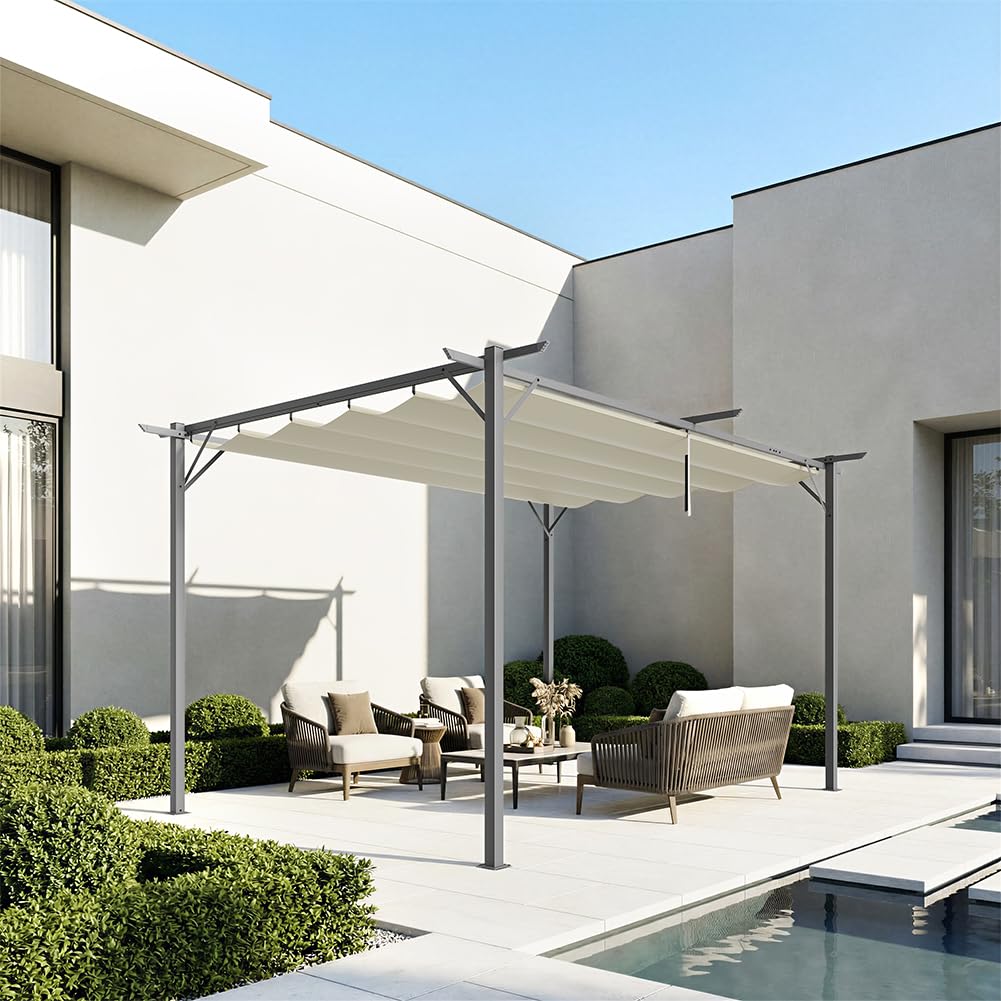 BAKAJI Gazebo Pergola Beige con Telo Retrattile in Poliestere Impermeabile e Anti UV, Struttura Resistente alle Intemperie, Ideale per Esterno, Giardino, Terrazzo, Patio, Ristorante, Bar (3 x 4 Metri)