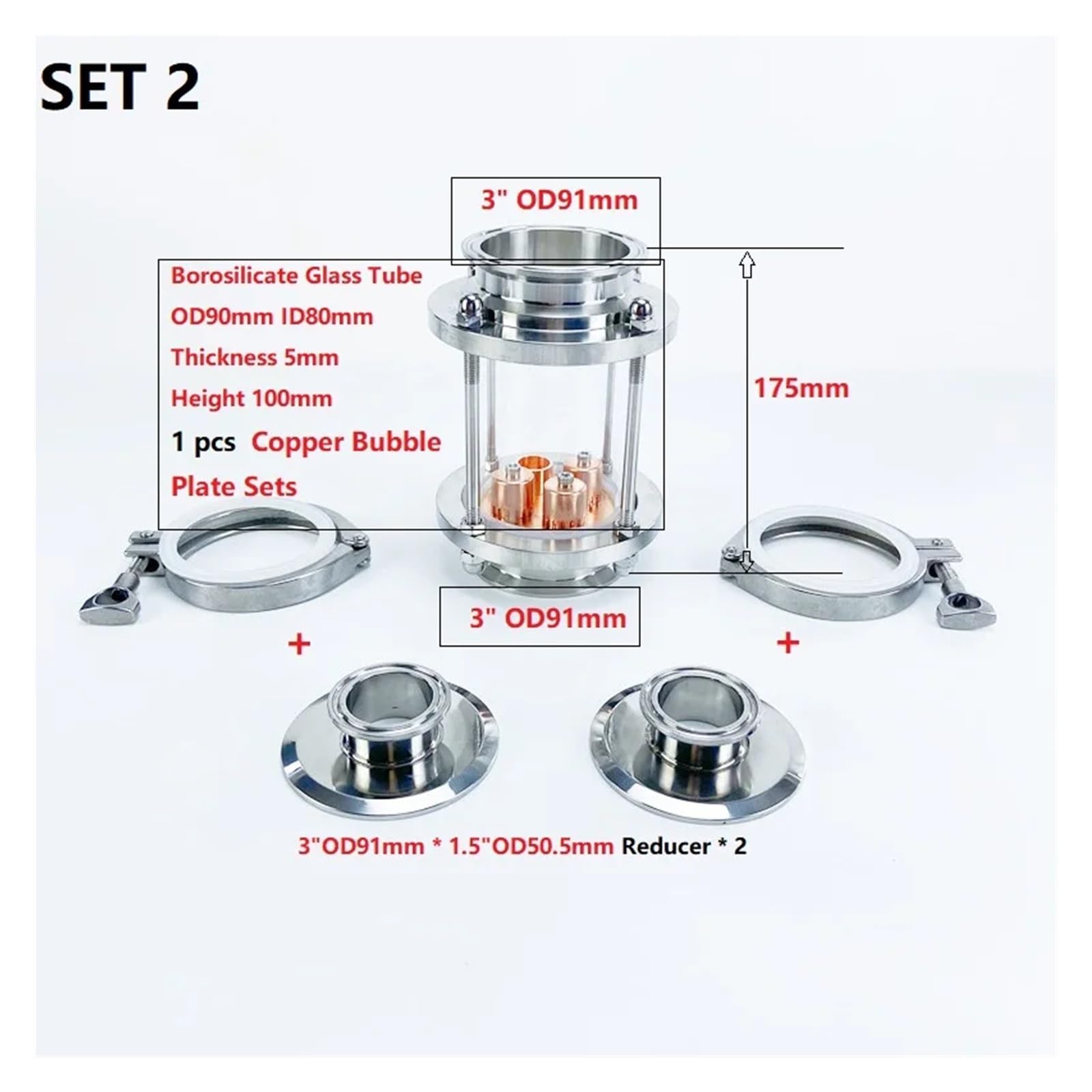 Colonna for Lenti di Distillazione Colonna di distillazione OD91 da 3" (76 mm) con 1 Piastra a Bolle di Rame Colonna di rettifica in Vetro a 1 Strato(Set 2)