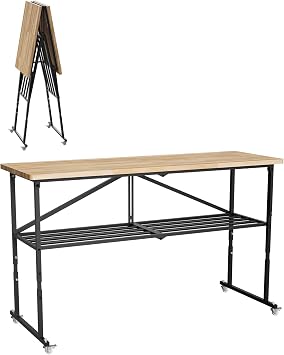 Foldable Hardwood Workbench, Heavy-Duty Utility Table with 68" x 45" Solid Wood Top & Locking Swivel Casters, Adjustable Mobile Workstation for Garage, Workshop, Home Office