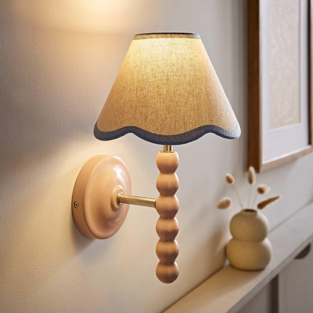 Valuelights Pink Bobbin Wall Light With Blue Trim Scallop Shade And Bulb