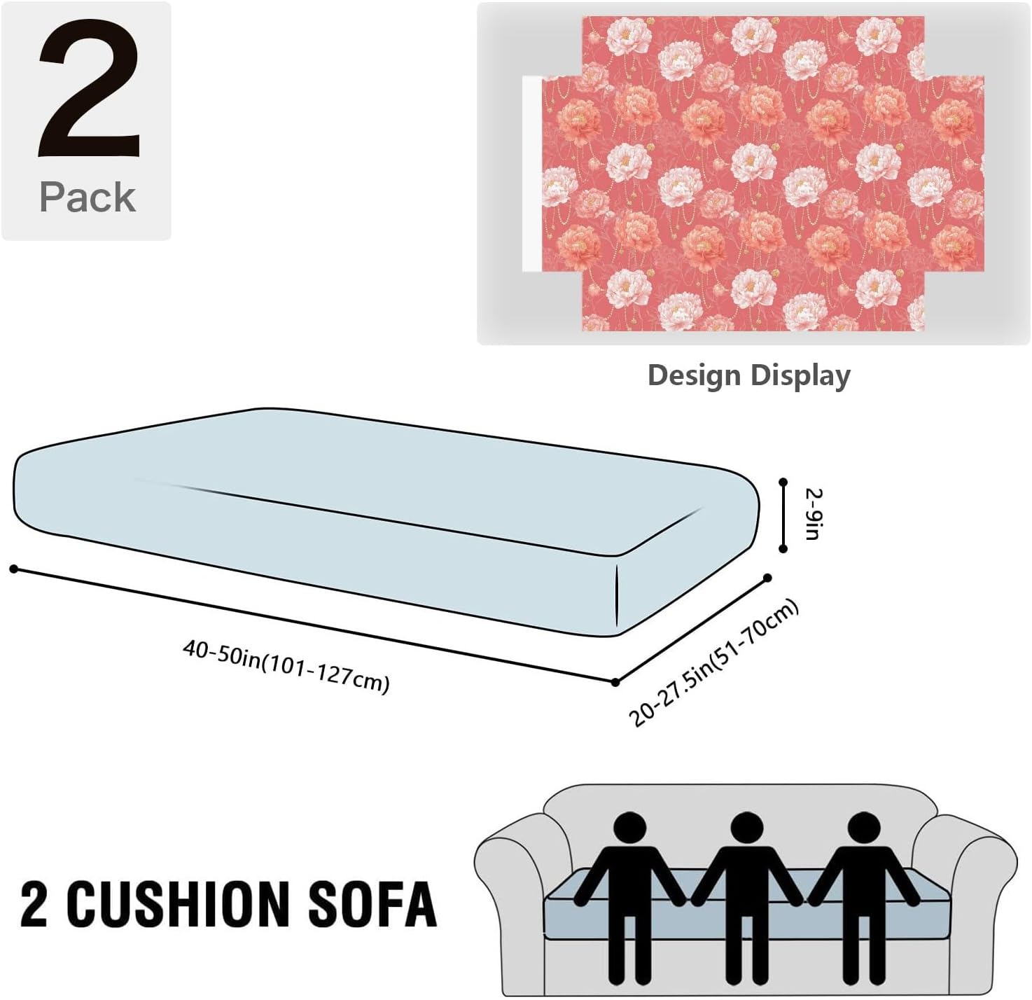 Art Peony Flower Loveseat Covers Couch Covers for 2 Cushion Couch, 2-Piece Stretch Sofa Slipcovers Anti-Slip Washable Furniture Protectors for Dogs Pets