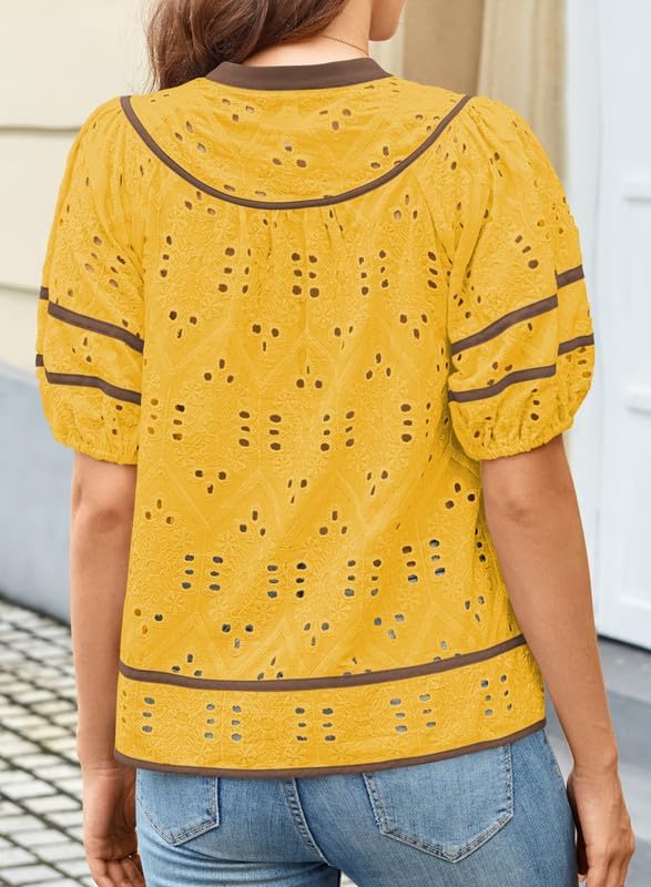 Women Blouses V Neck Puff Short Sleeve Womens Summer Tops Eyelet Embroidered Clothes Trendy Causal Babydoll Shirts - Image 5