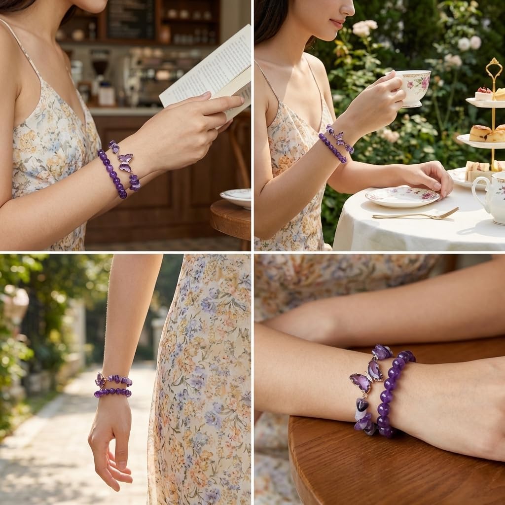 BELLA-Bee Natural Amethyst Healing Stone Bracelet Set for Women, Anxiety Relief Nature Stone Beaded Layered Bracelet with Butterfly Charm, Calming Spiritual Jewelry Gifts