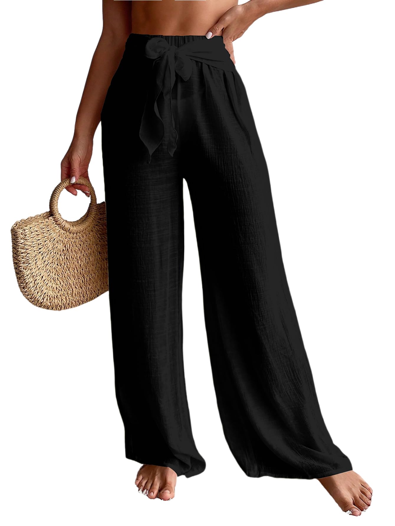 cozyease Women's Beach Cover Up Pants Mesh Tie Front Wide Leg Loose Bathing Suit Cover Up Beach Pants-picture-11